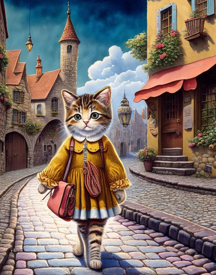 Anthropomorphic cat in yellow jacket with red briefcase strolling on cobblestone street