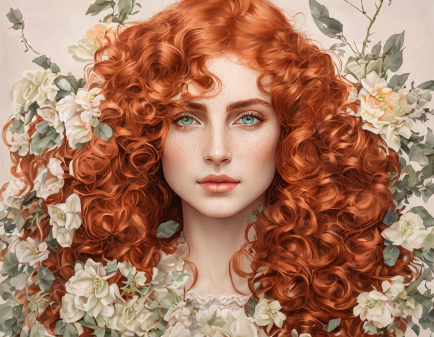 Digital artwork: Woman with red curly hair, porcelain skin, blue eyes, white flowers