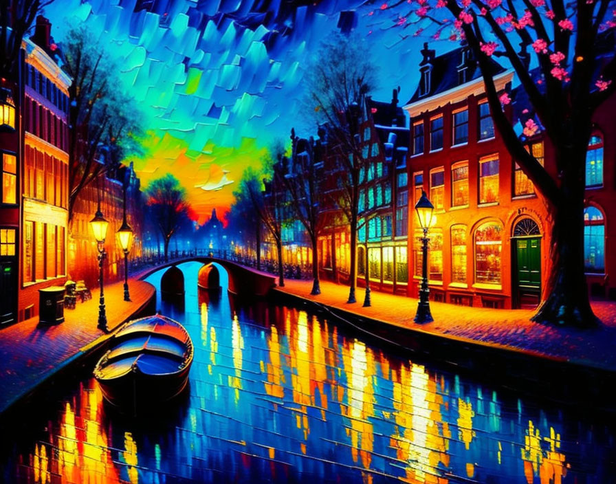 Colorful Amsterdam Canal Scene with Glowing Streetlights and Boat