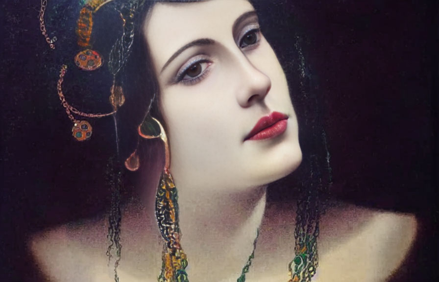 Portrait of woman with pale skin, dark hair, red lips, and ornate jewelry against dark background