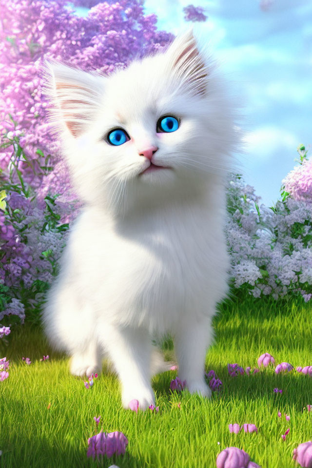 Fluffy White Cat with Blue Eyes in Blooming Garden