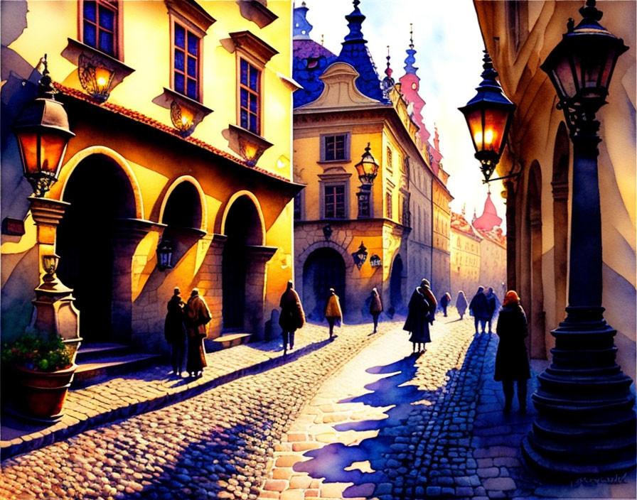 Vibrant cobblestone street scene with people and old buildings in warm sunlight