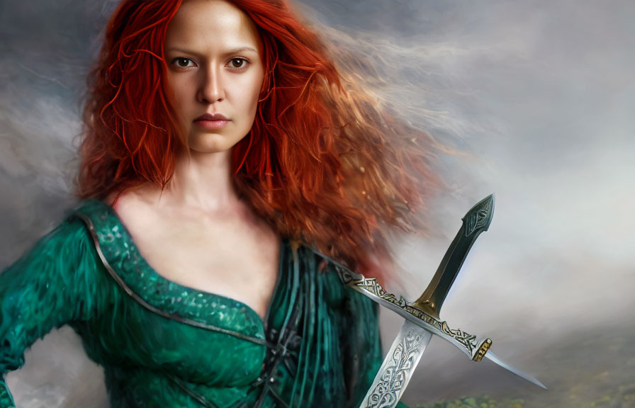 Vibrant red-haired woman in green medieval attire with sword under stormy sky