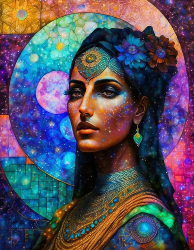 Woman's portrait with cosmic elements, ornate jewelry, and night sky backdrop.