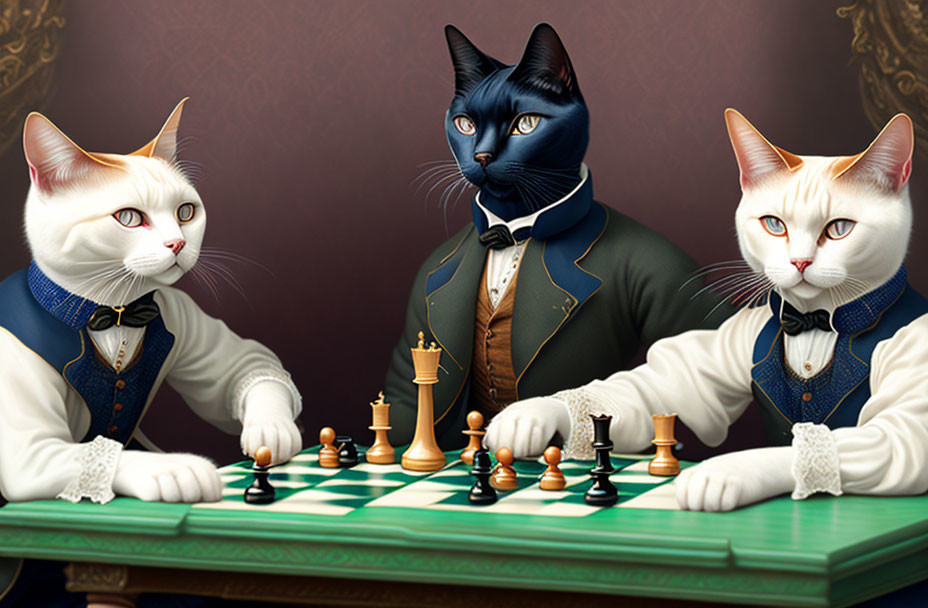 Anthropomorphized Cats Playing Chess in Formal Attire