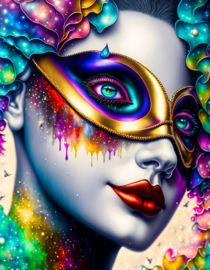 Vibrant surreal portrait with dripping makeup, butterfly wing, and multiple eyes