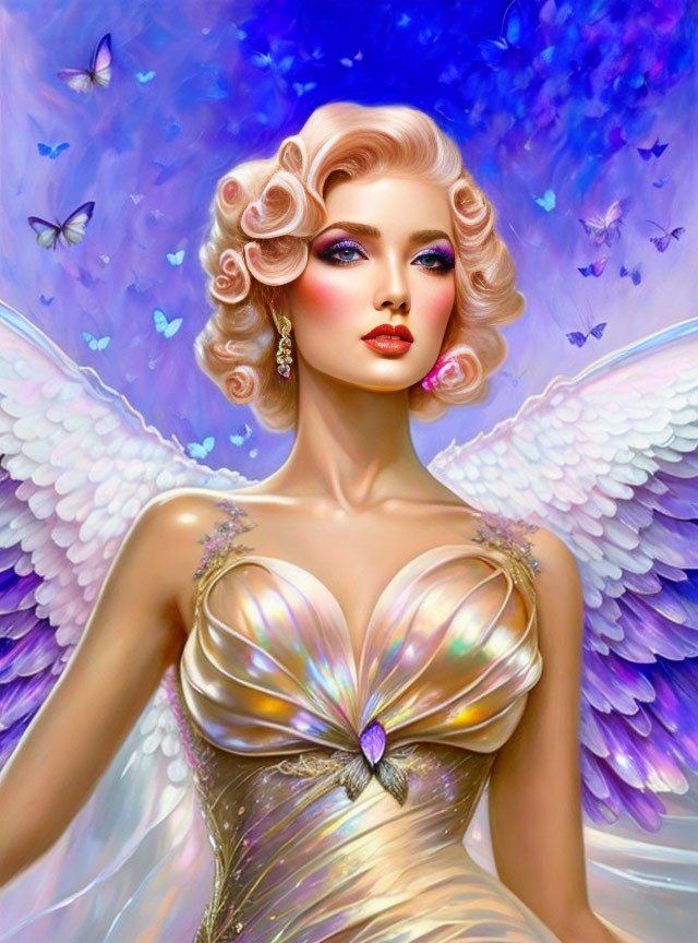 Illustration of woman with angel wings and butterflies in golden dress on blue backdrop