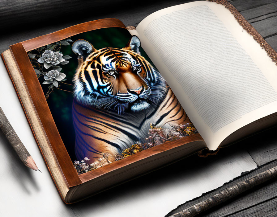 Realistic 3D tiger art emerging from open book with flowers on wooden surface