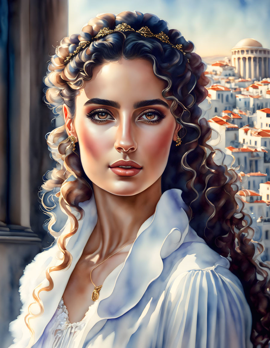 Curly Haired Woman in Headband with White Blouse and Cityscape Background