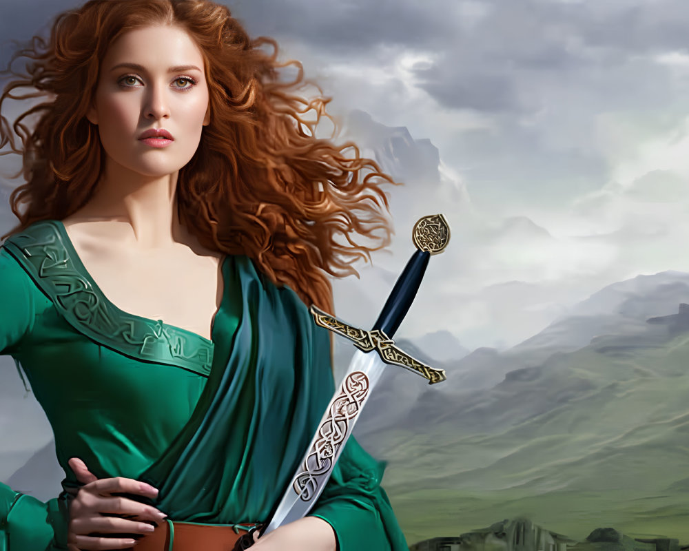 Red-haired woman in green medieval dress wields sword under dramatic sky