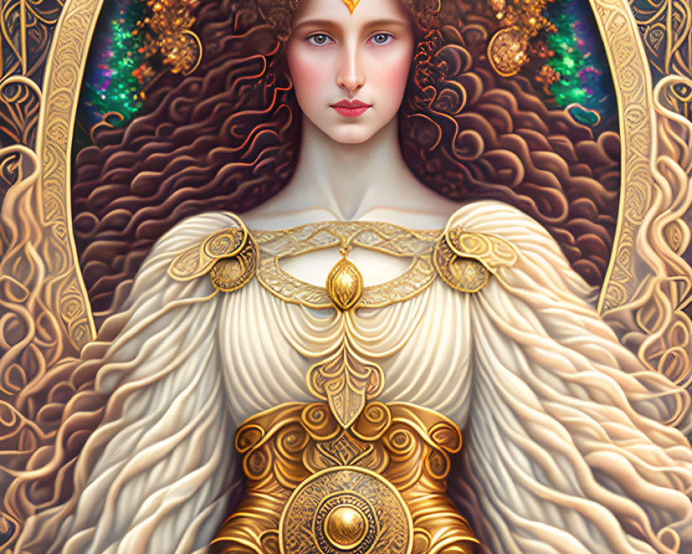 Intricate Golden Headwear Woman Portrait with Celestial Motifs