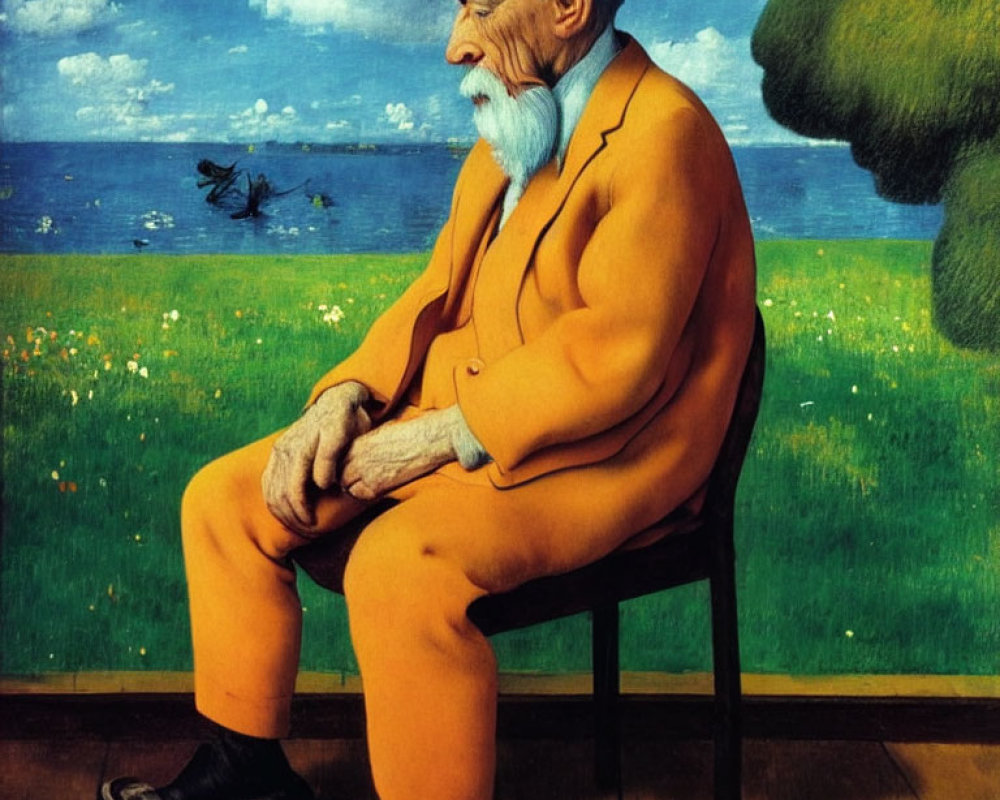 Elderly man with white beard sitting in field by the sea