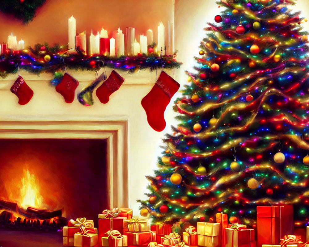 Festive Christmas scene with decorated tree, stockings, fireplace, and gifts