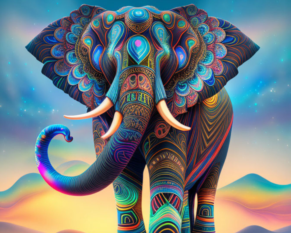 Colorful Psychedelic Elephant Illustration with Cosmic Background