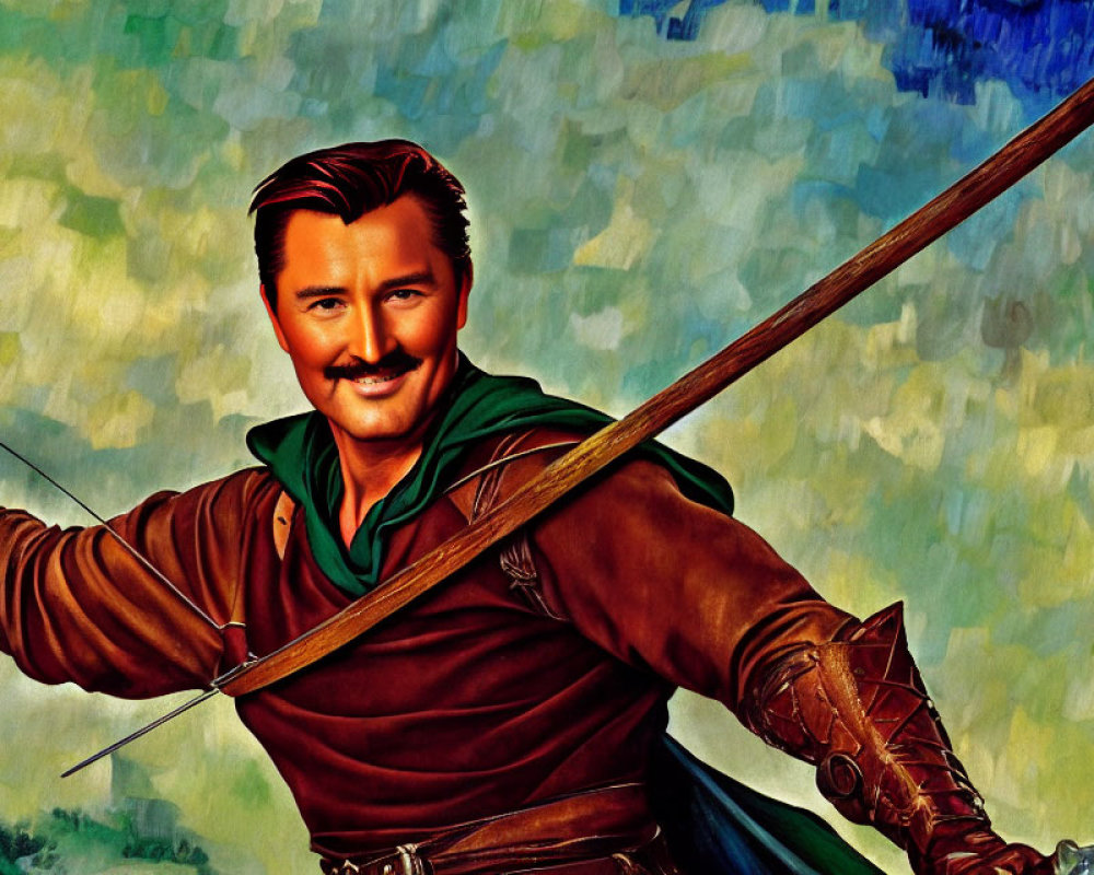 Illustration of mustachioed archer in green tunic drawing longbow