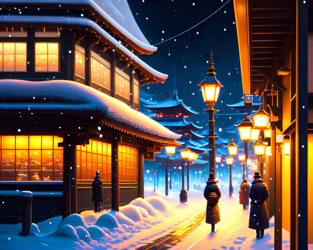 Snowy Traditional Japanese Village Street at Night with Warm Illuminated Buildings