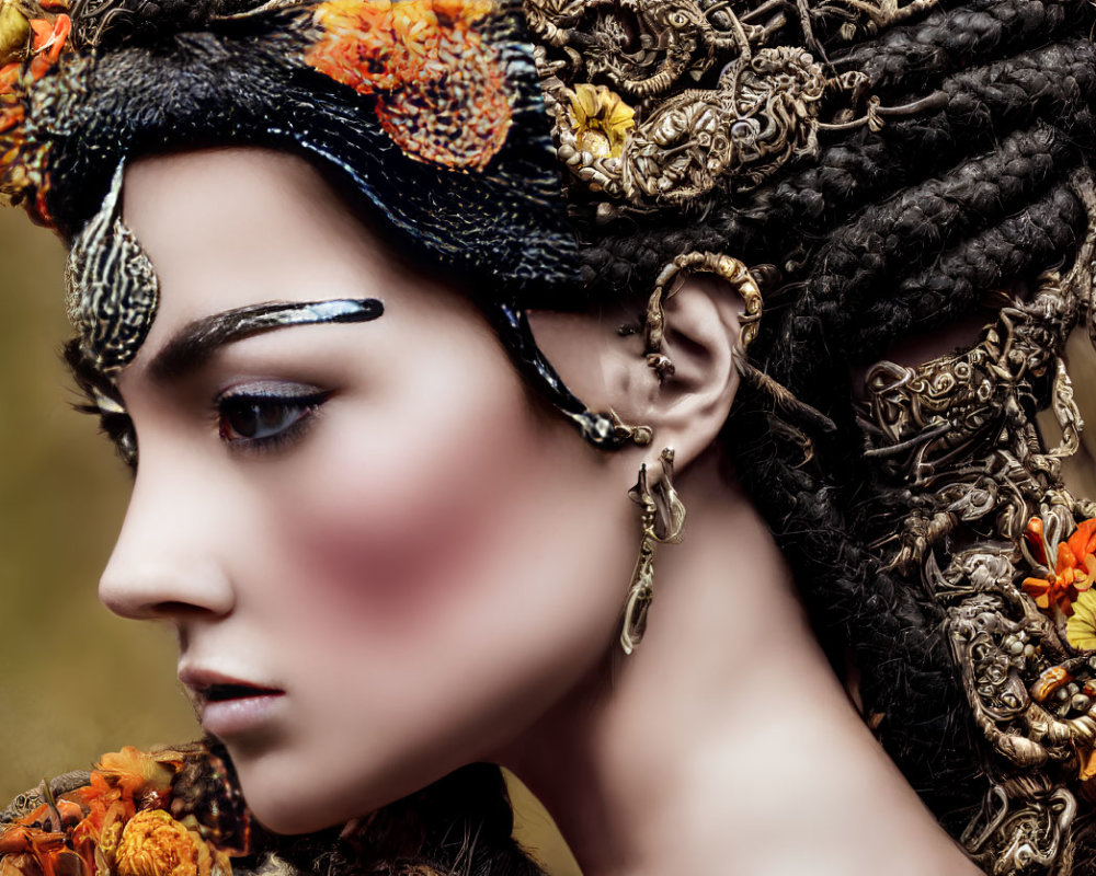 Intricate braided hair with colorful flowers and ornate jewelry on a woman.