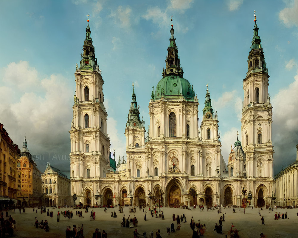 Grand cathedral with twin spires in historic square under cloudy sky