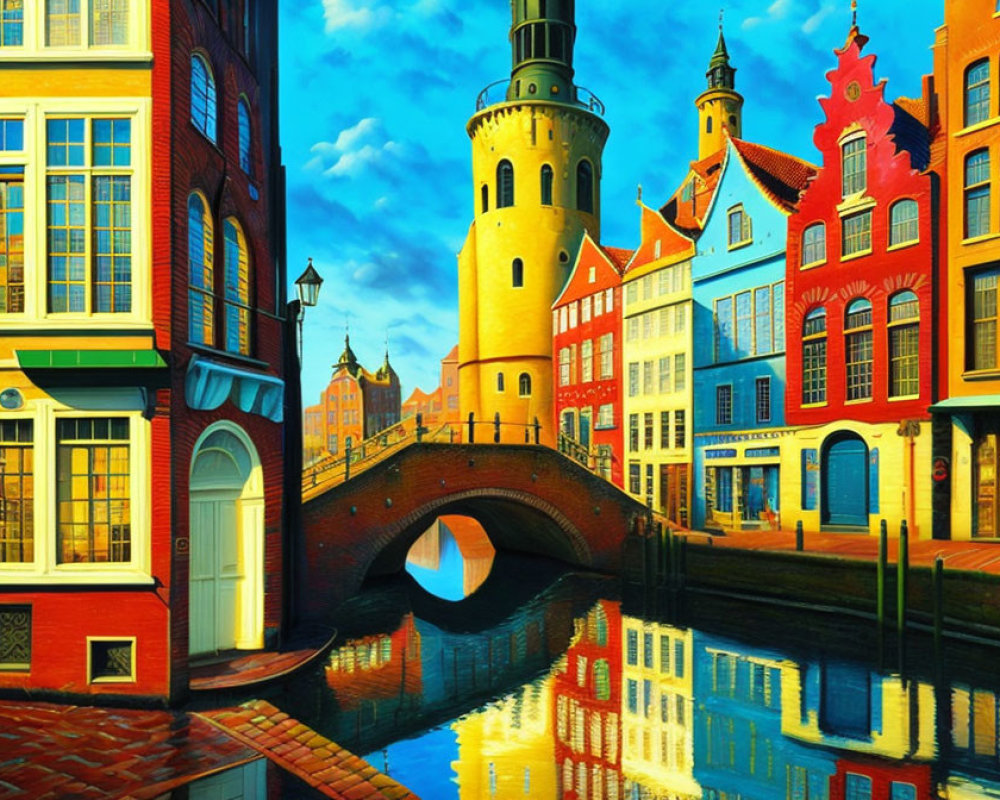 Colorful European Buildings by Canal with Bridge and Reflection