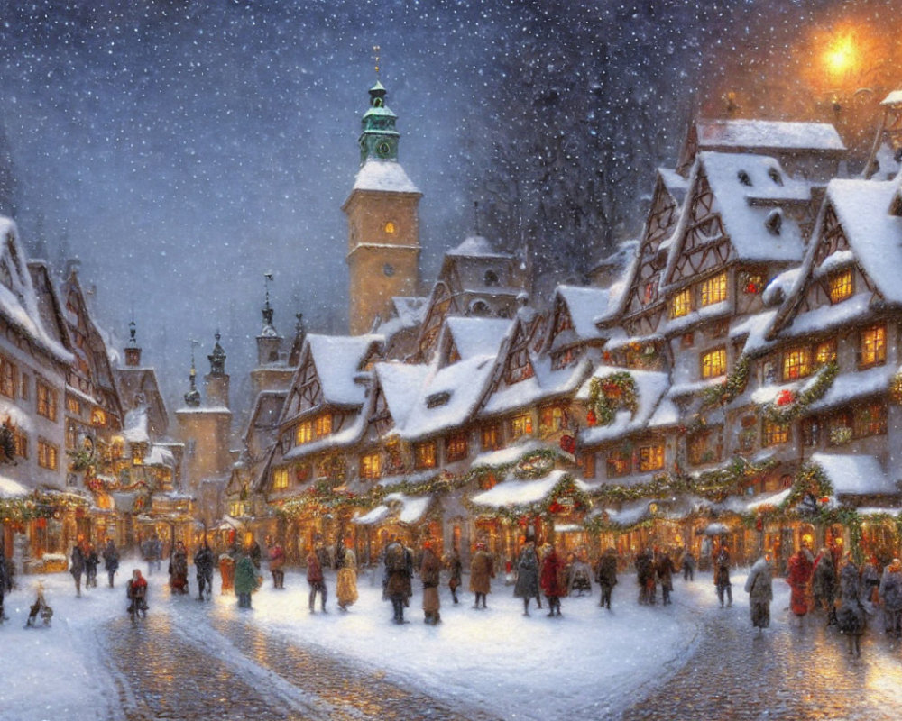 Snow-covered roofs and decorated buildings in a bustling European winter town