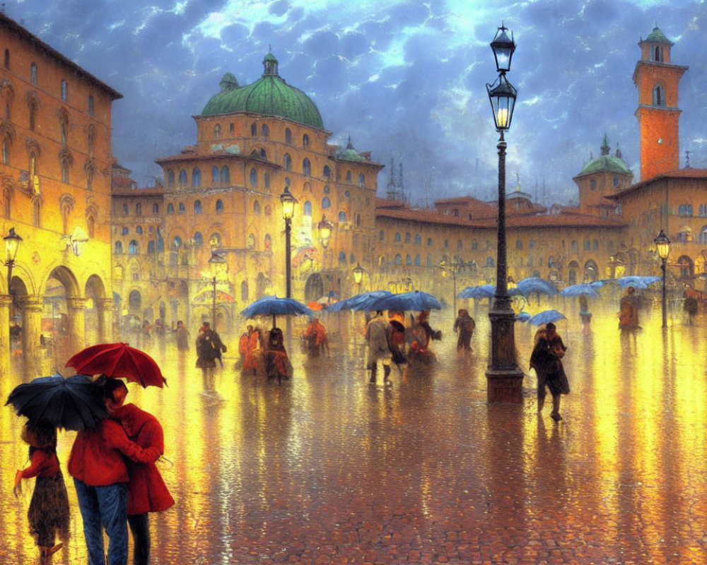 Rain-soaked square with umbrellas, street lamps, and cobblestones at night