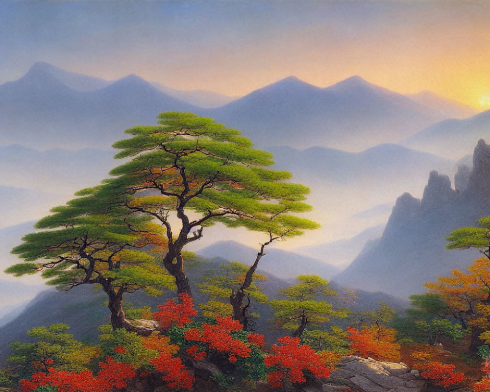 Autumn landscape painting: solitary tree on mountain overlook at sunrise