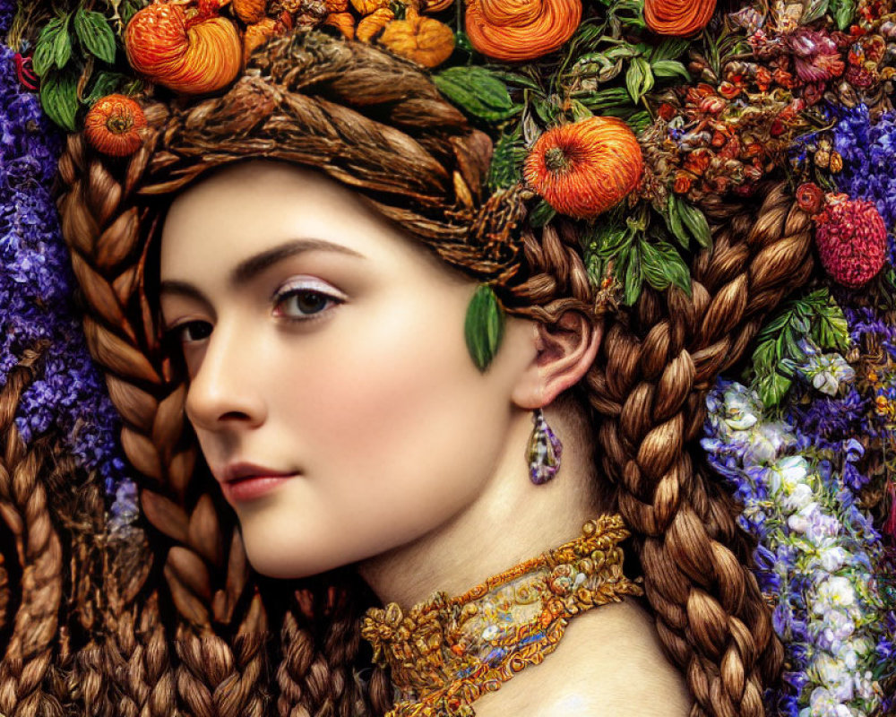 Woman with Floral and Fruit Headdress and Braided Hair in Vibrant Colors