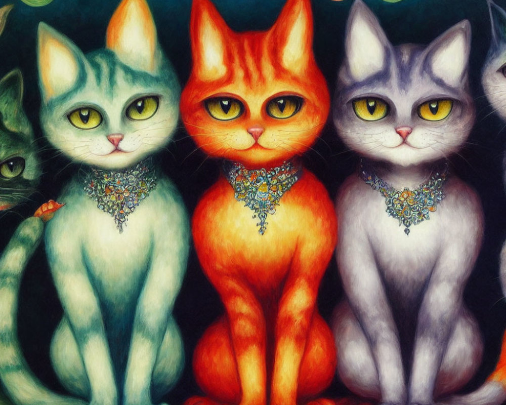 Four colorful anthropomorphic cats with intricate necklaces on dark background