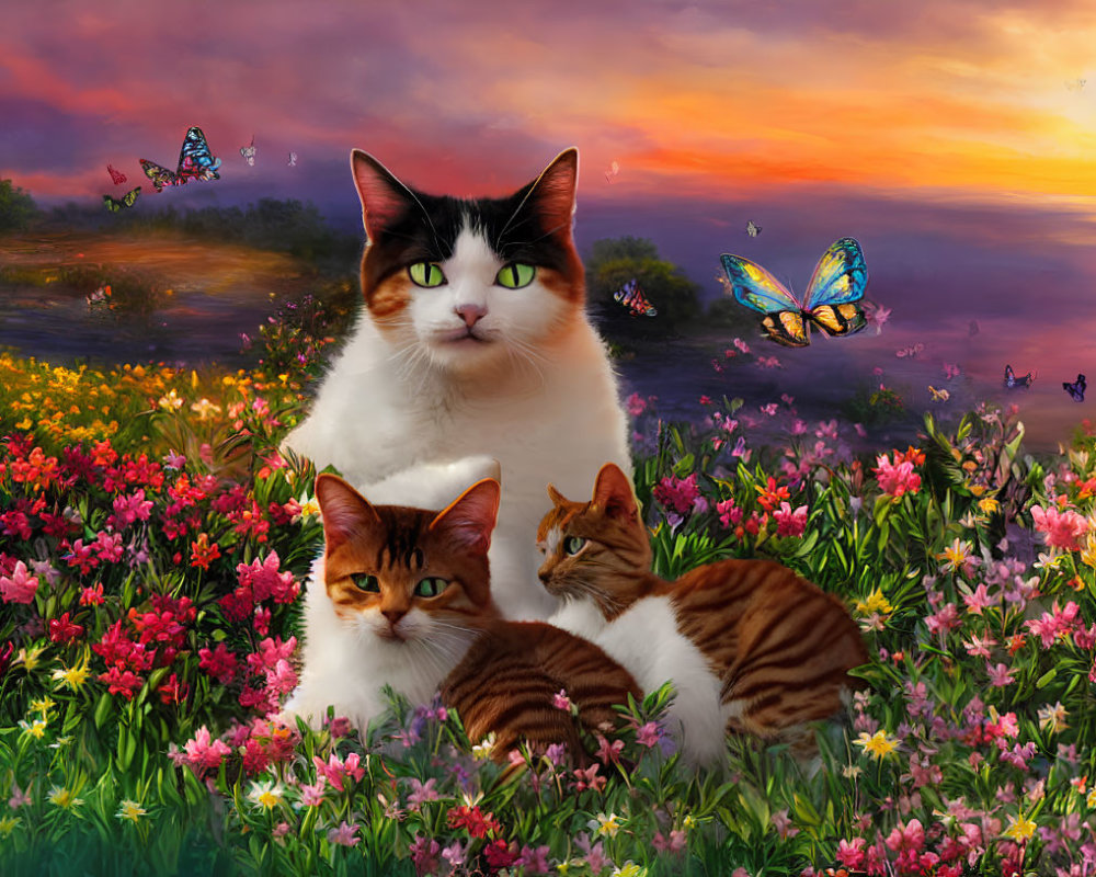 Three cats among vibrant flowers and butterflies under colorful sunset sky