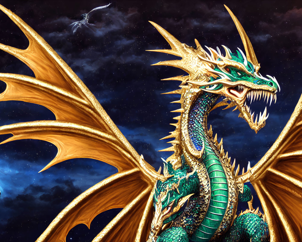 Majestic golden-winged dragon roaring under starry sky