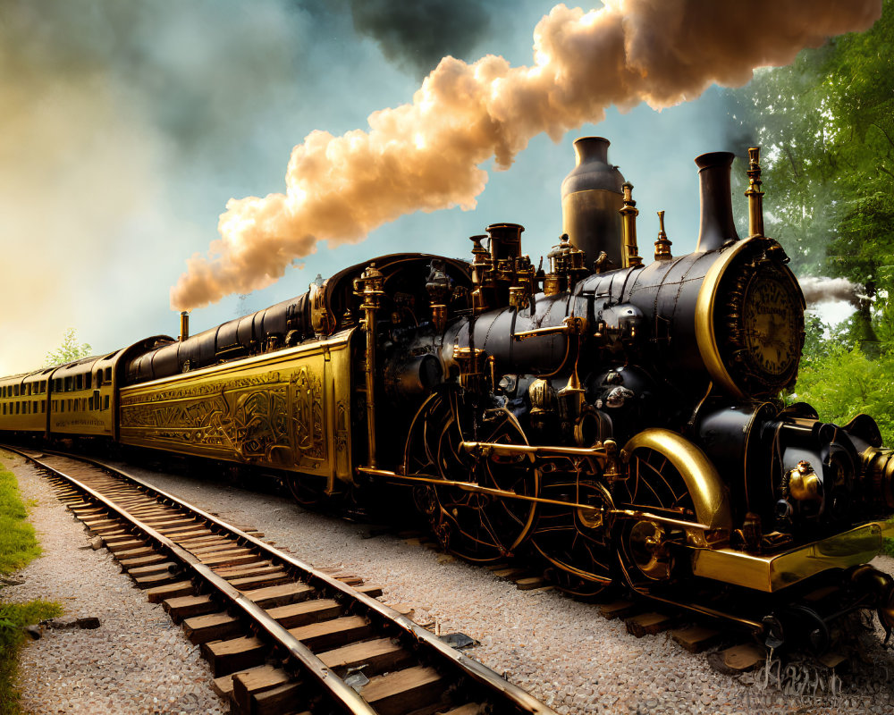 Vintage steam locomotive with golden trim in lush forest scenery