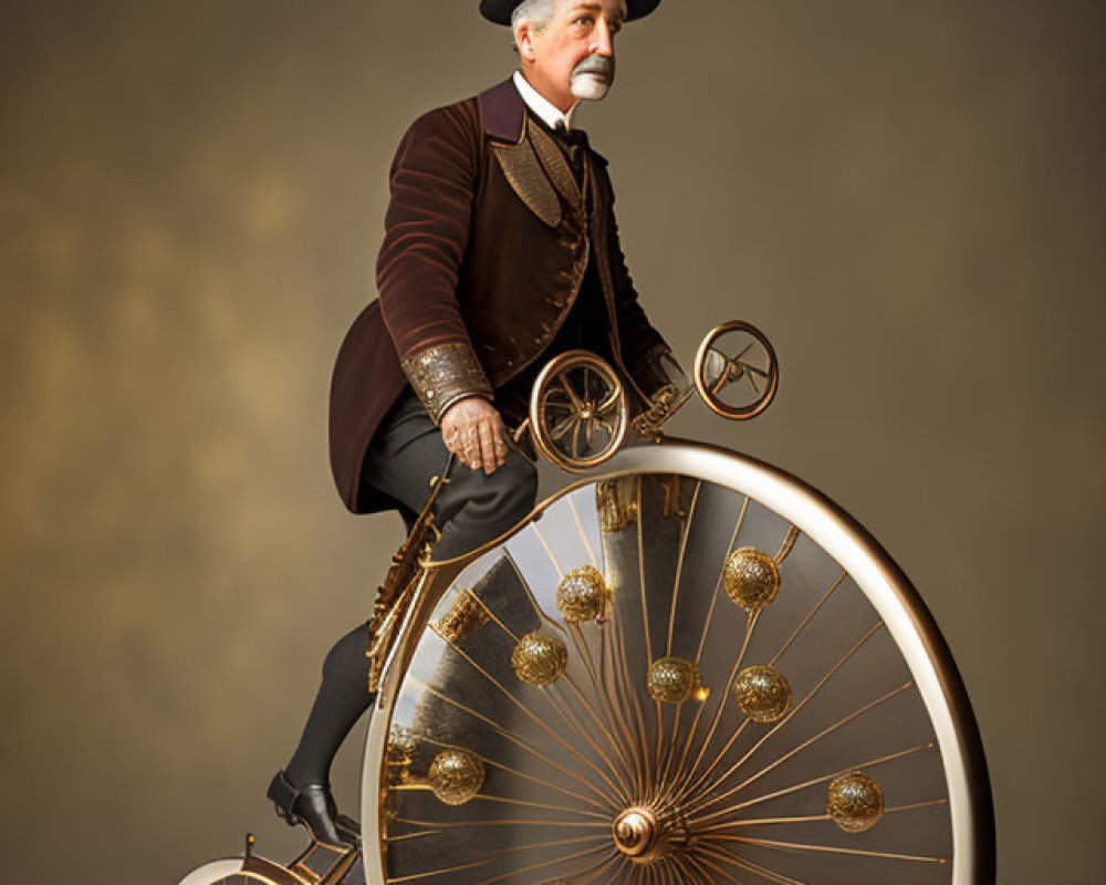 Vintage penny-farthing rider in bowler hat and suit with monocle