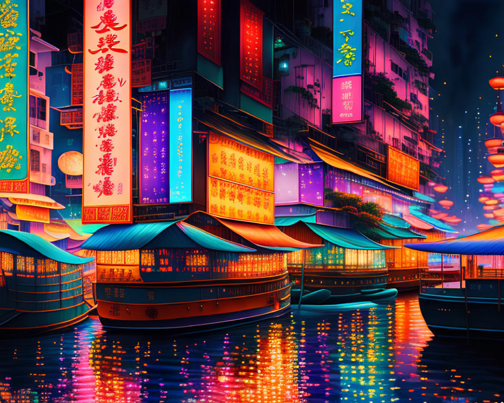 Colorful Asian Riverfront at Night with Traditional Boats