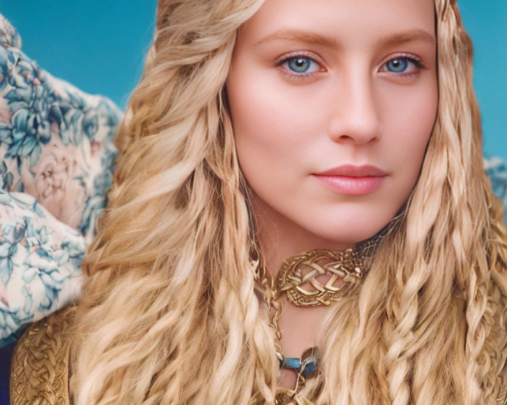 Blonde Woman with Braided Hair and Gold Jewelry on Blue Background