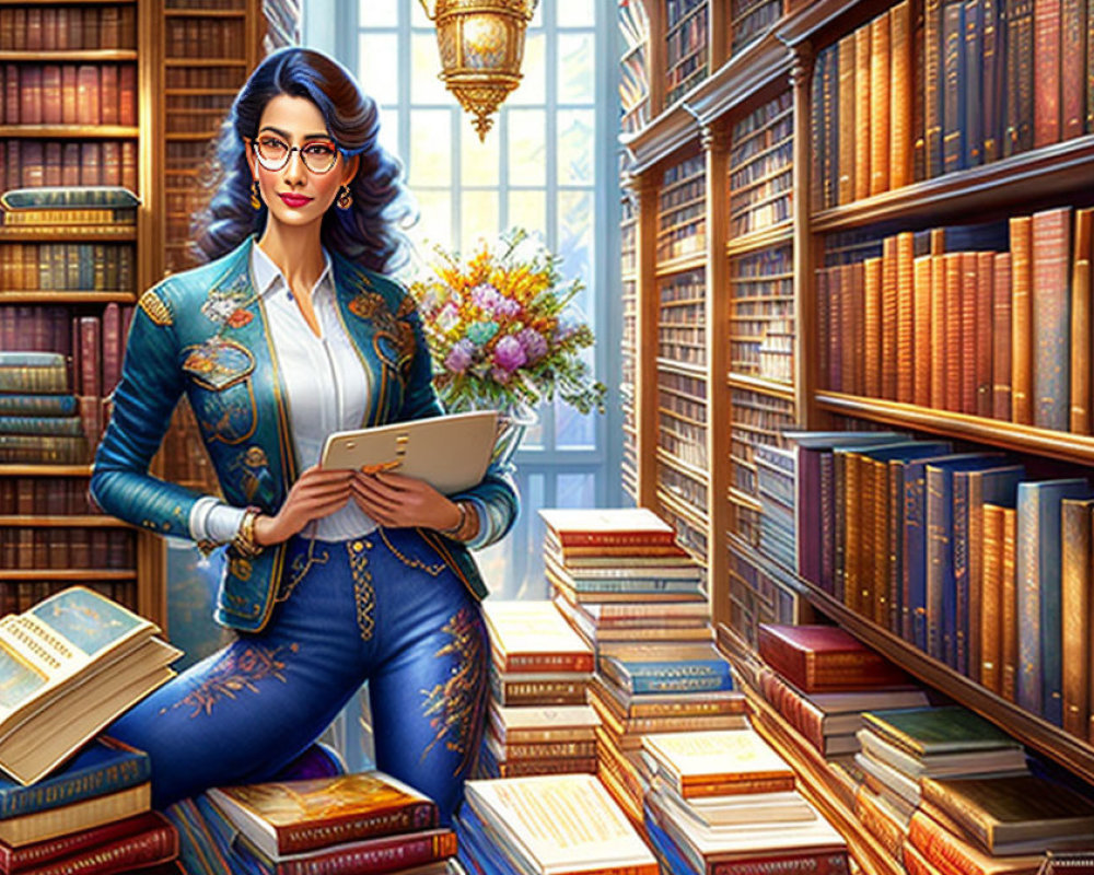 Female character in blue suit with glasses holding tablet in library setting with wooden bookshelves and chandelier