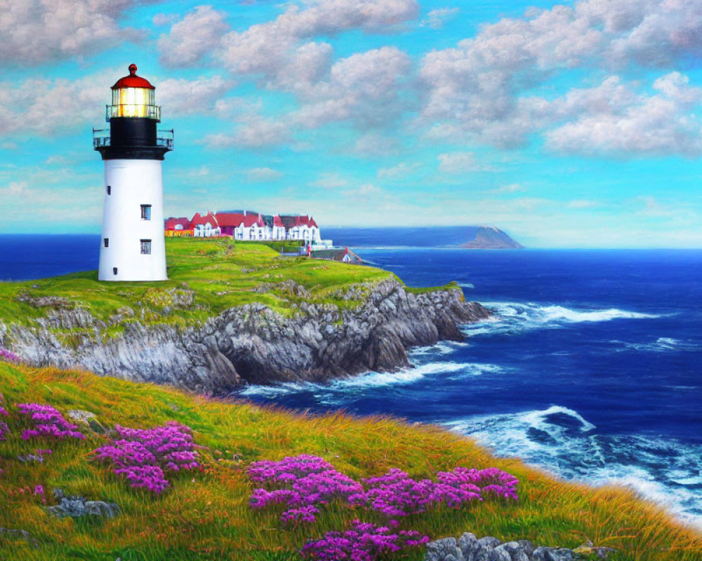 Scenic coastal view with white lighthouse, red roofs, and purple flowers