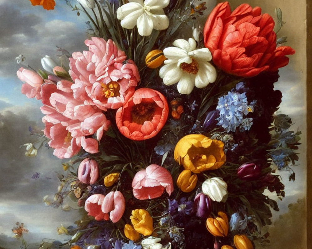 Classical painting of diverse bouquet with flowers and butterflies on sky backdrop