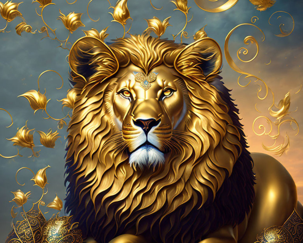 Majestic golden lion with intricate patterns, surrounded by flying golden ornaments