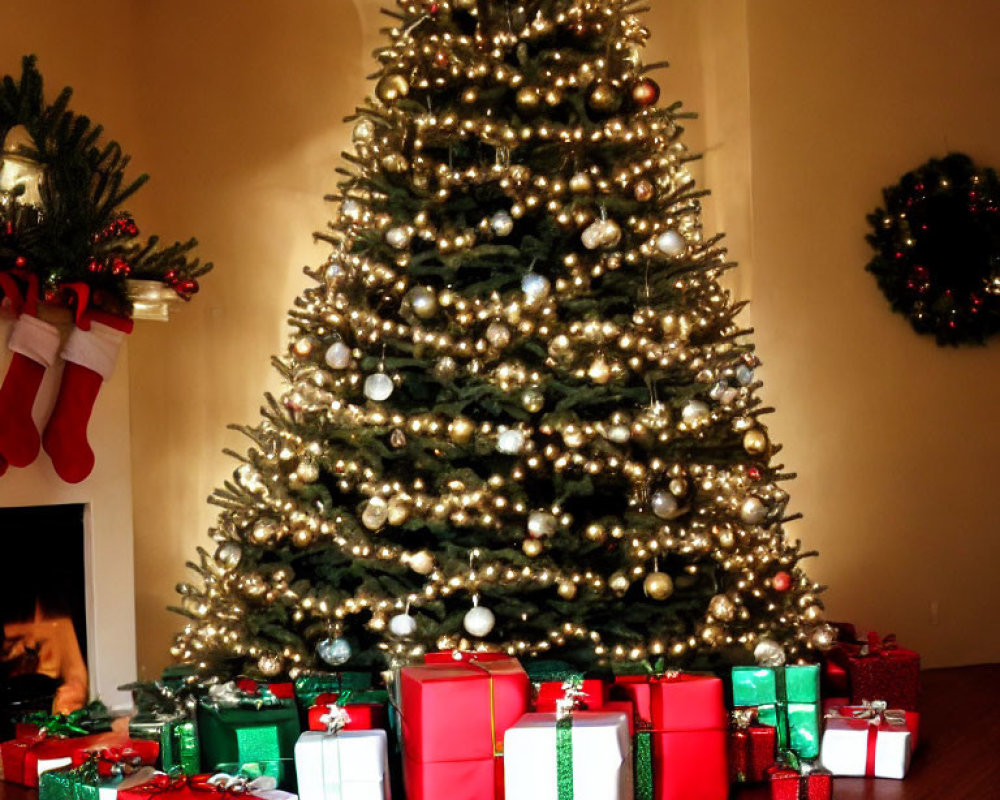 Festive Christmas scene with decorated tree, gifts, and fireplace