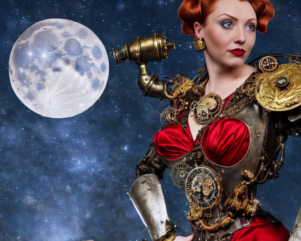 Steampunk-inspired woman in cogwheel outfit against moon backdrop