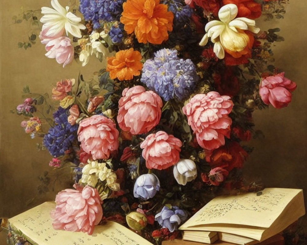 Classic Still Life Painting: Vibrant Flower Bouquet with Open Letter