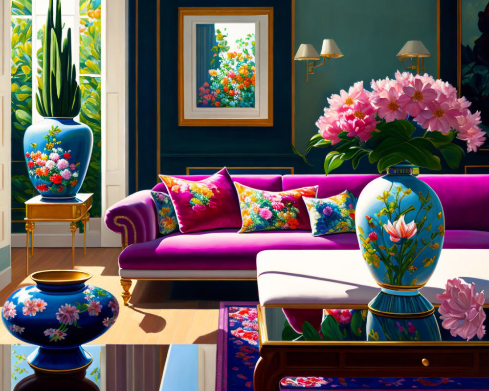 Colorful Living Room Decor with Purple Sofa and Floral Accents