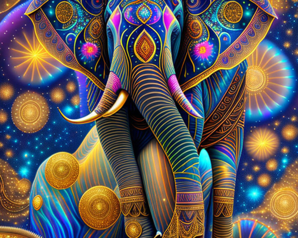 Colorful Elephant Art with Cosmic Mandala Design in Blue and Gold