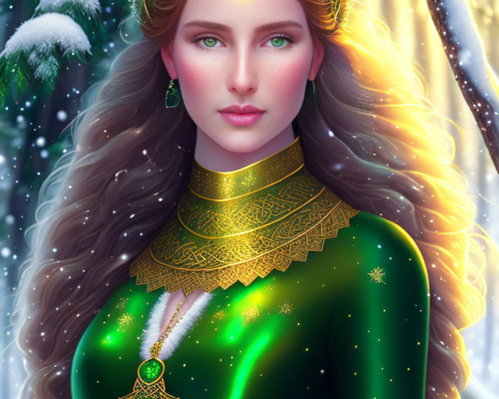 Illustrated woman in green dress and golden jewelry in snowy forest