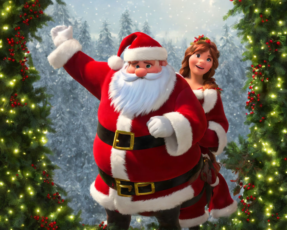 Santa Claus and Mrs. Claus Waving in Snowy Winter Scene