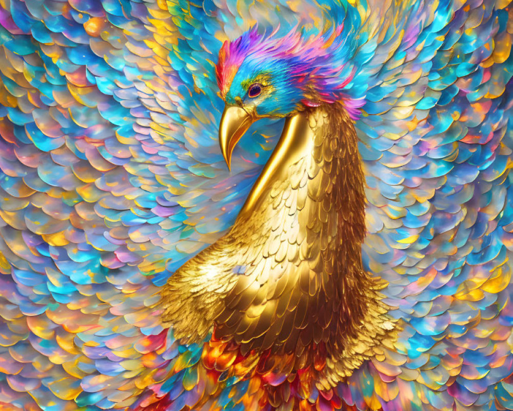 Mythical bird digital artwork with golden body and iridescent, fiery spectrum feathers