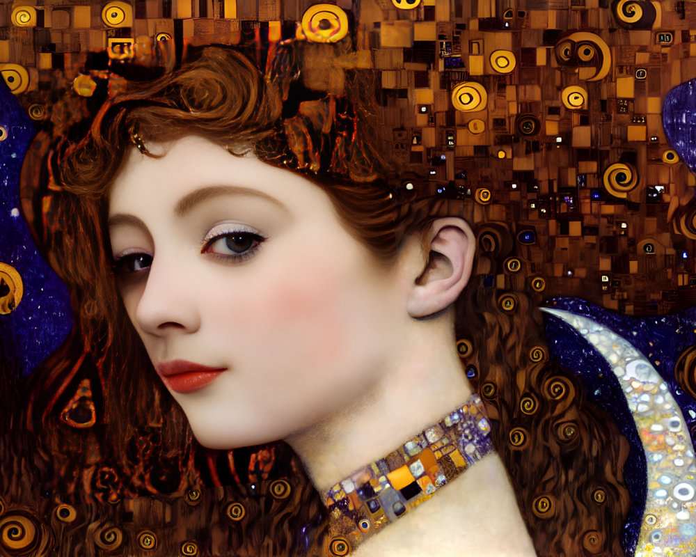 Woman portrait with flowing hair in Gustav Klimt style: digital art with gold accents