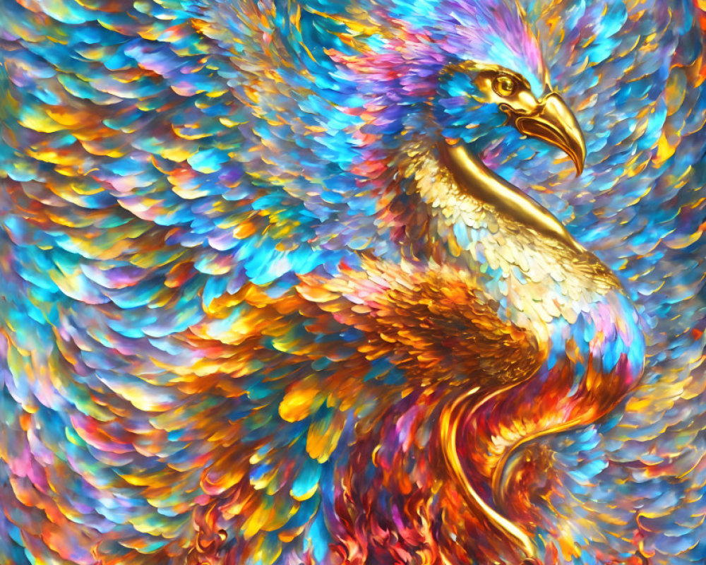 Colorful Phoenix Rising from Flames with Vibrant Feathers