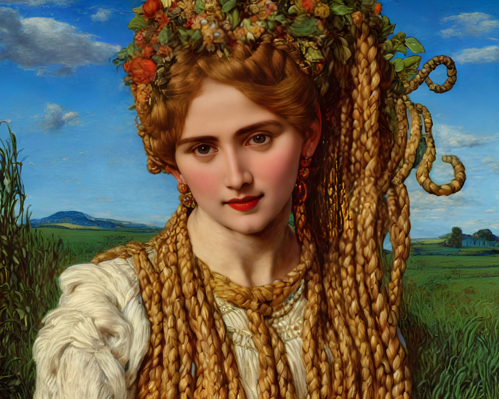 Portrait of woman with long, golden braided hair in serene setting