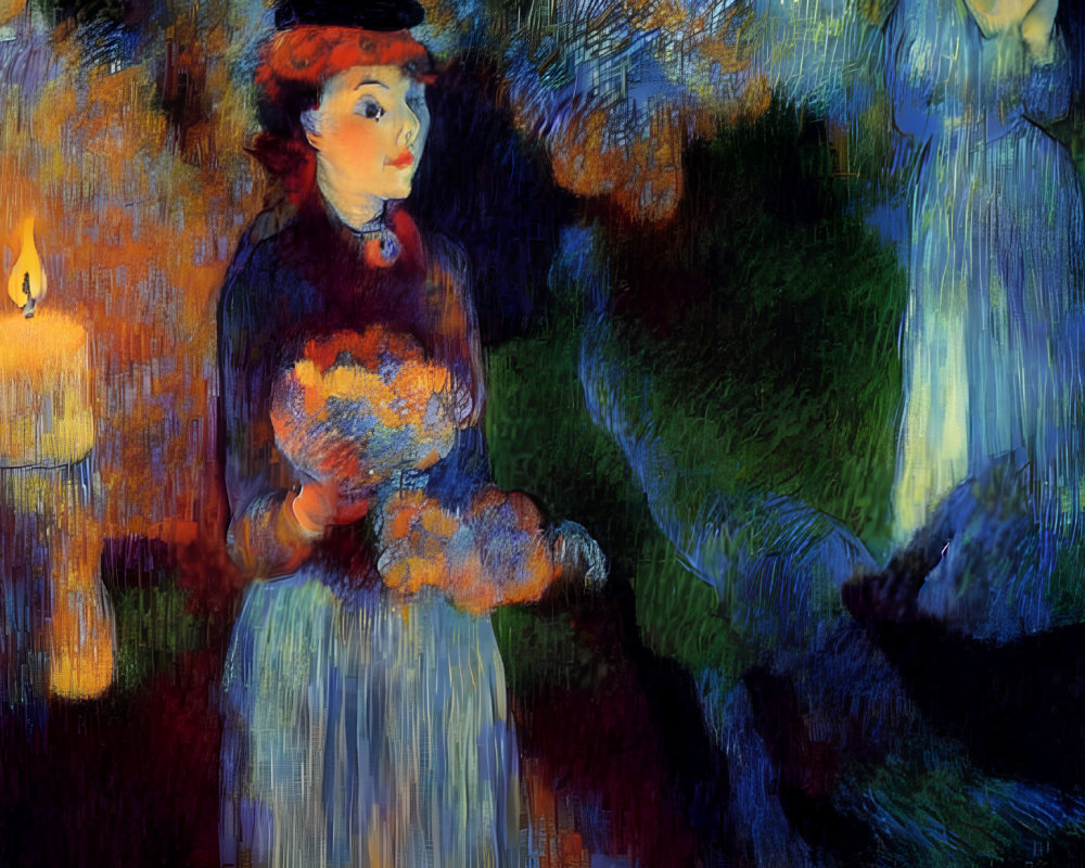 Woman holding candle and flowers in vibrant, swirling colors